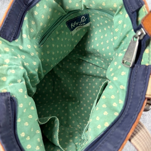 Fossil Quilted Tote Bag Navy Blue Leather Trim Floral Accent Key Charm - Picture 7 of 14